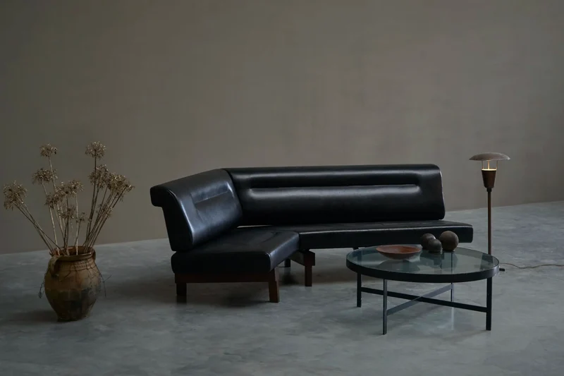 Martin Visser One-Off Boomerang Sofa in Solid Wengé and Black Leather