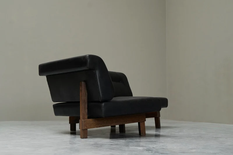 Martin Visser One-Off Boomerang Sofa in Solid Wengé and Black Leather