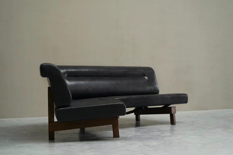 Martin Visser One-Off Boomerang Sofa in Solid Wengé and Black Leather