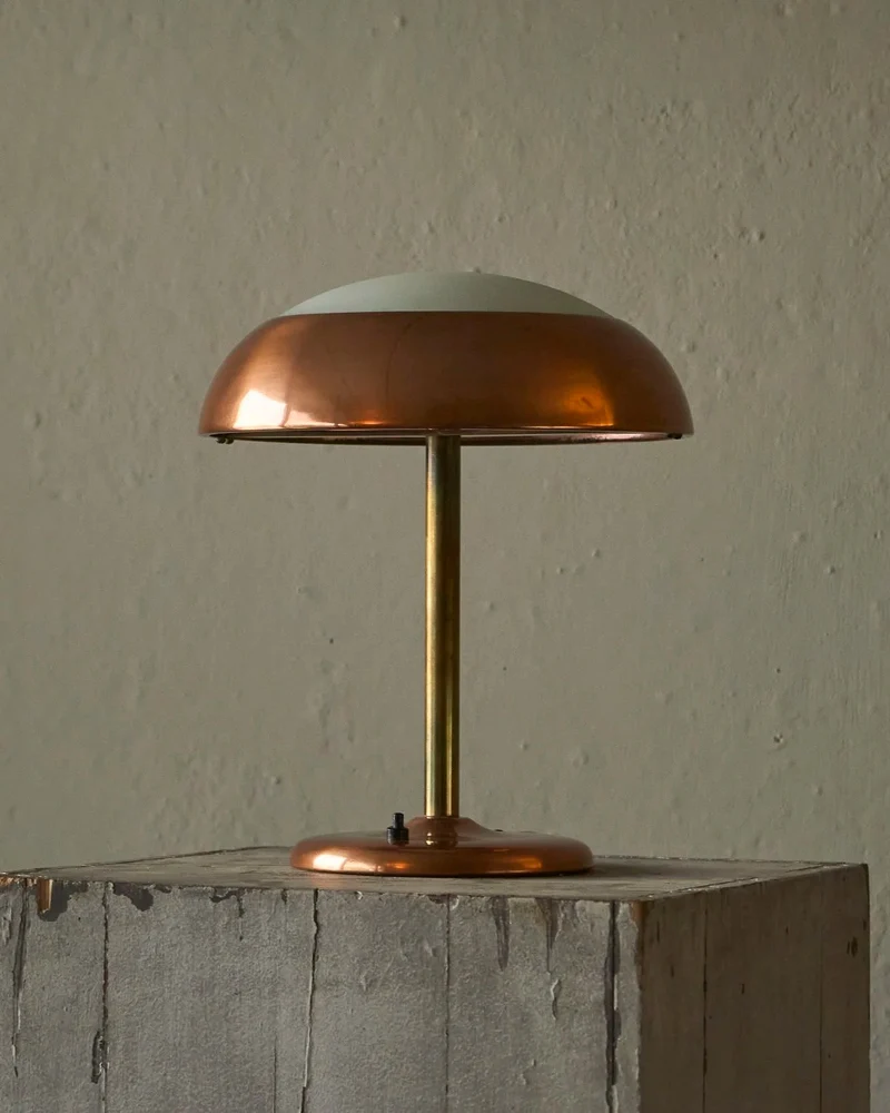 Vintage Art Deco Table Lamp in Patinated Copper, Brass and Satin Glass 1950s