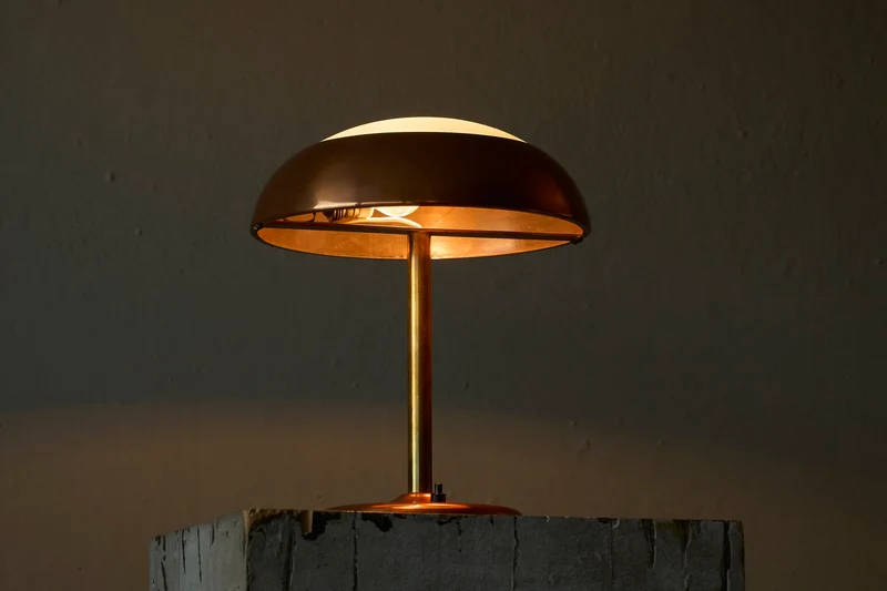 Vintage Art Deco Table Lamp in Patinated Copper, Brass and Satin Glass 1950s