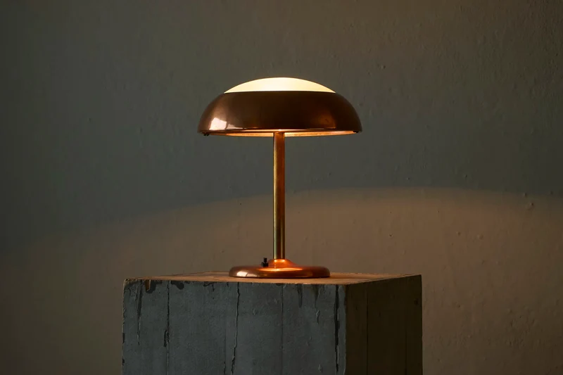 Vintage Art Deco Table Lamp in Patinated Copper, Brass and Satin Glass 1950s