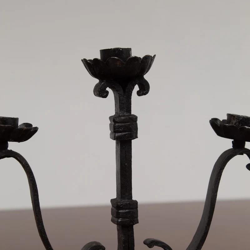 Pair of Brutalist Iron Candleholders with Sculptural Scroll Arms