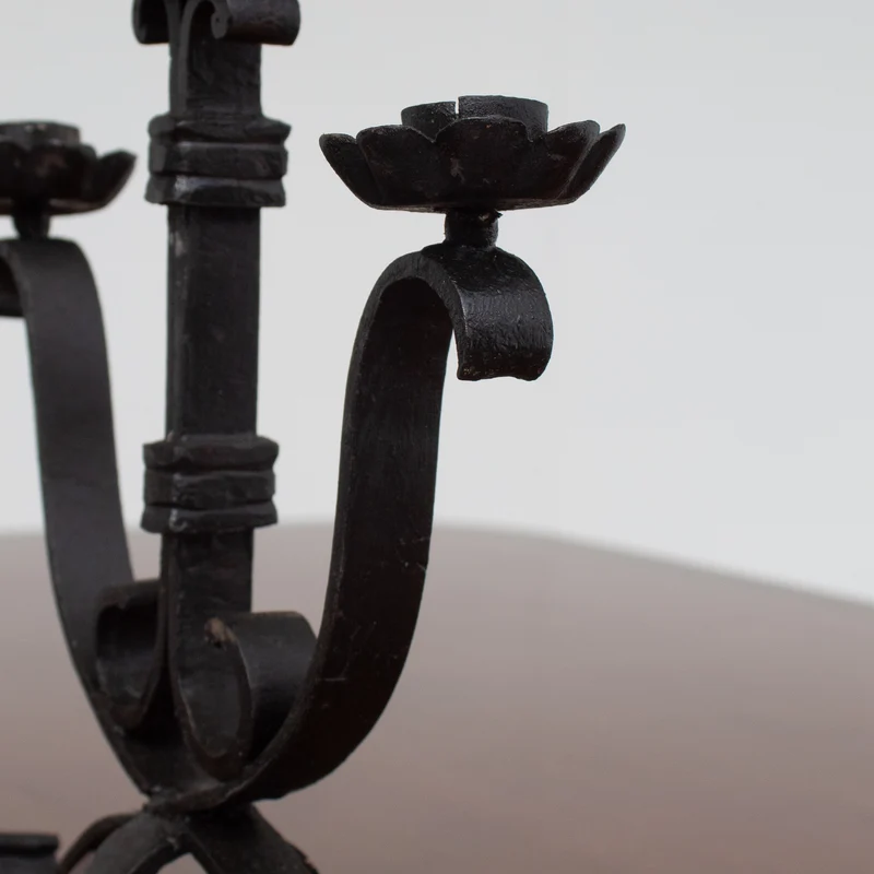 Pair of Brutalist Iron Candleholders with Sculptural Scroll Arms