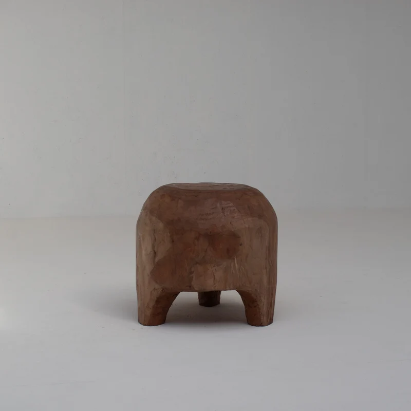 Sculptural Solid Wood Stool in Warm Natural Patina