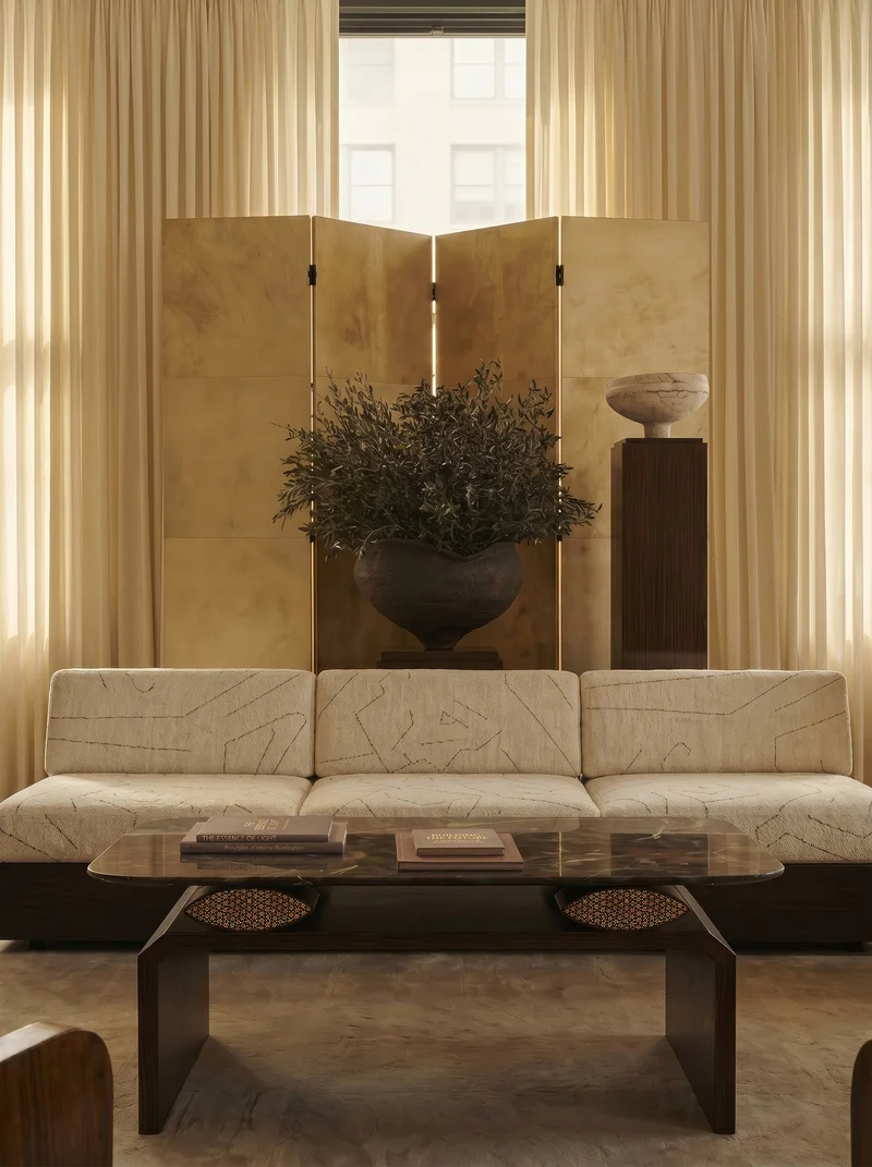 NAZAR II Coffee Table in Ocean Red Granite, Walnut and Khatam Marquetry