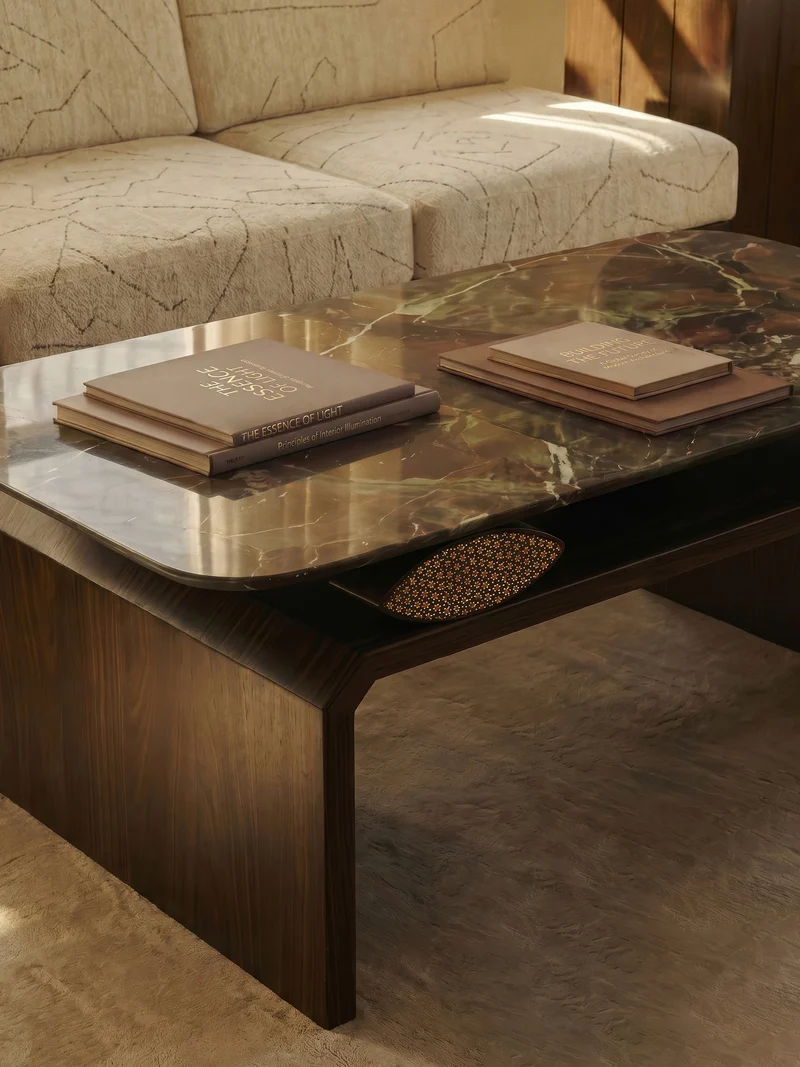 NAZAR II Coffee Table in Ocean Red Granite, Walnut and Khatam Marquetry