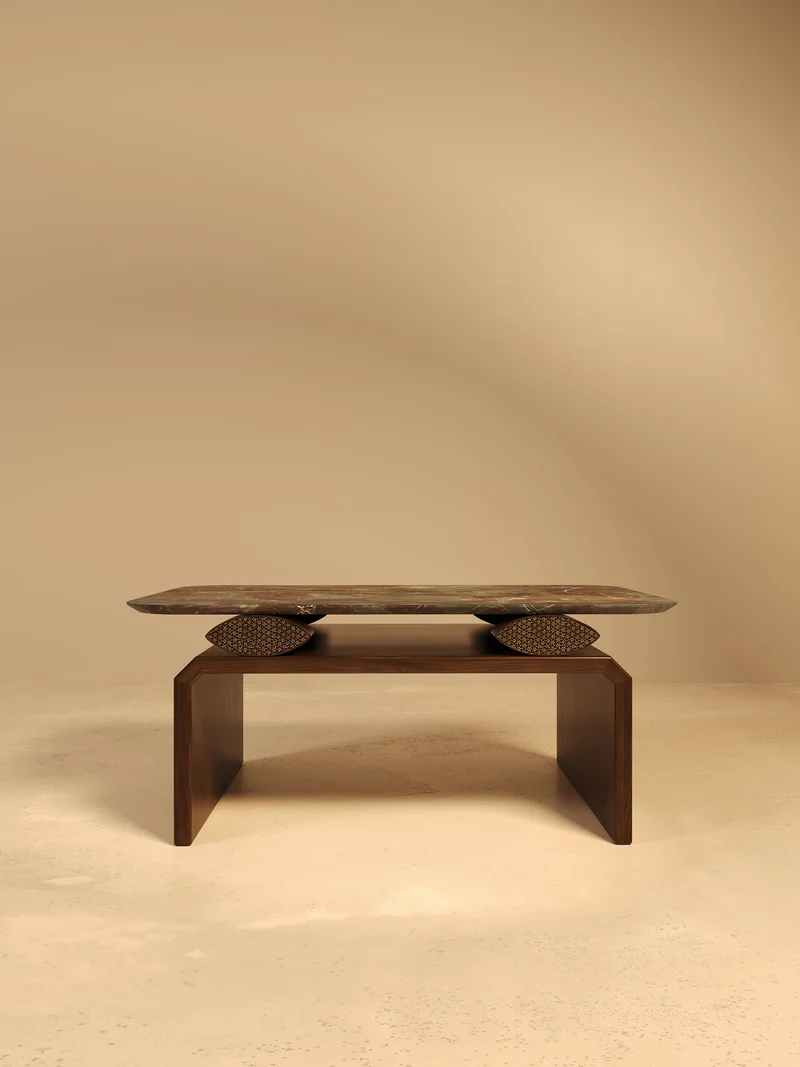 NAZAR II Coffee Table in Ocean Red Granite, Walnut and Khatam Marquetry
