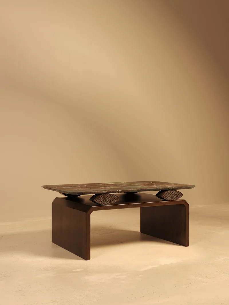 NAZAR II Coffee Table in Ocean Red Granite, Walnut and Khatam Marquetry