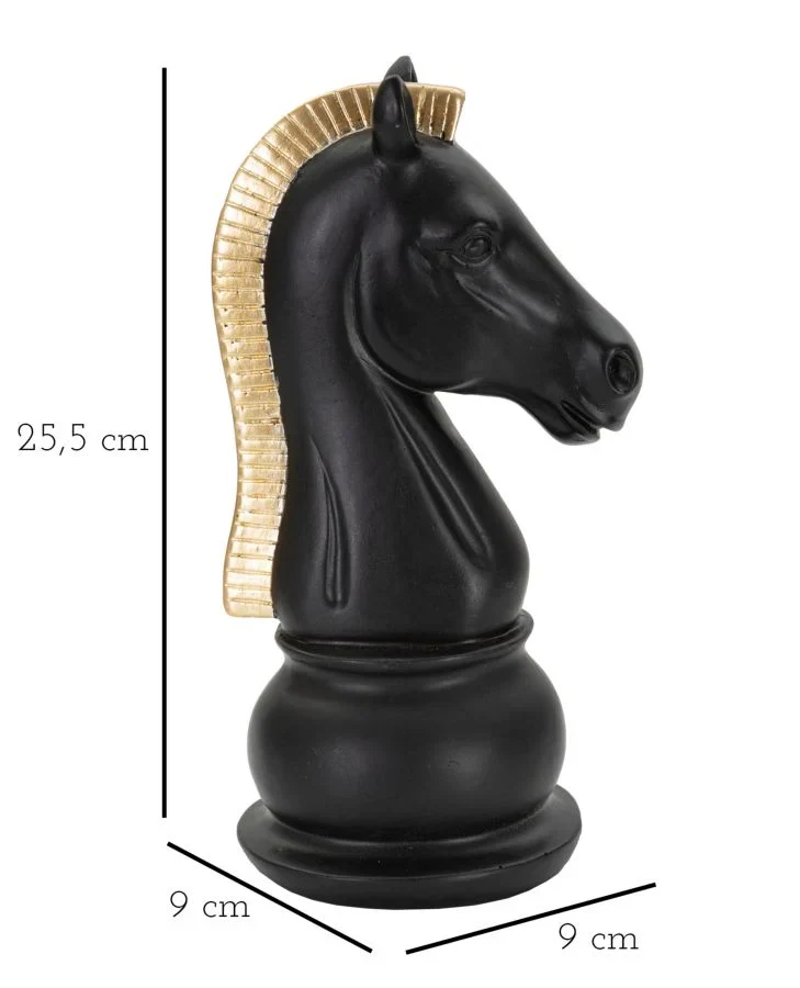 Pièce d’échecs en forme de cheval noir et doré (sculpture moderne)