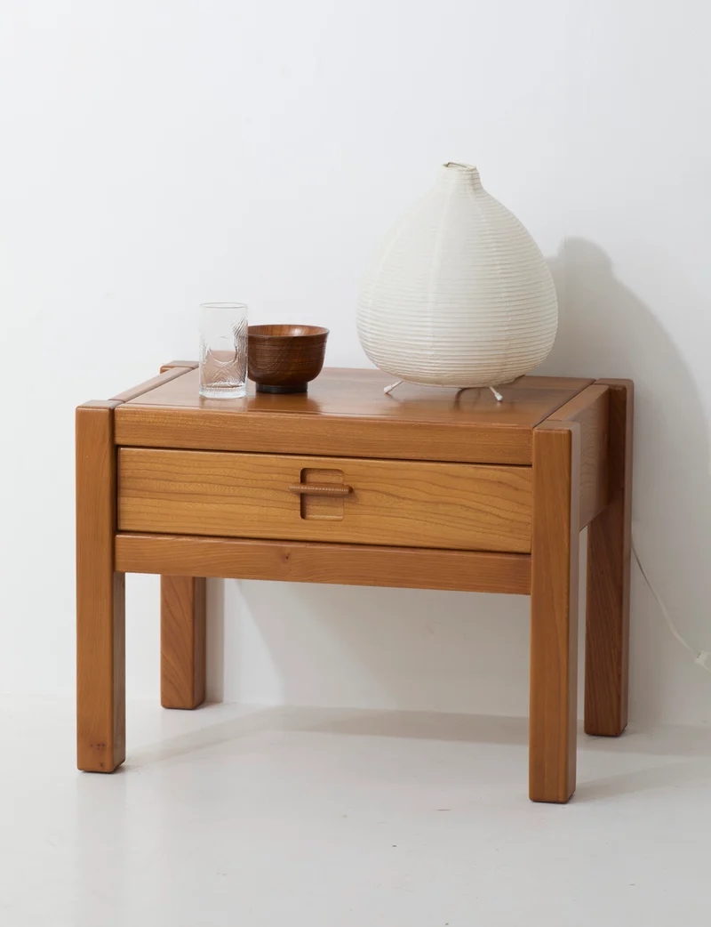 Vintage artisanal one-drawer Side Table in Wood (Elm), France circa 1980
