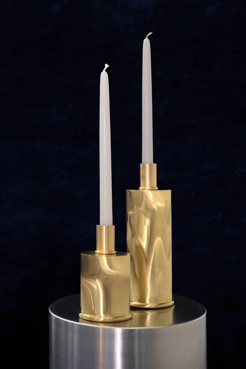 Brushed Brass Candle Holders in Fabric Moiré Design