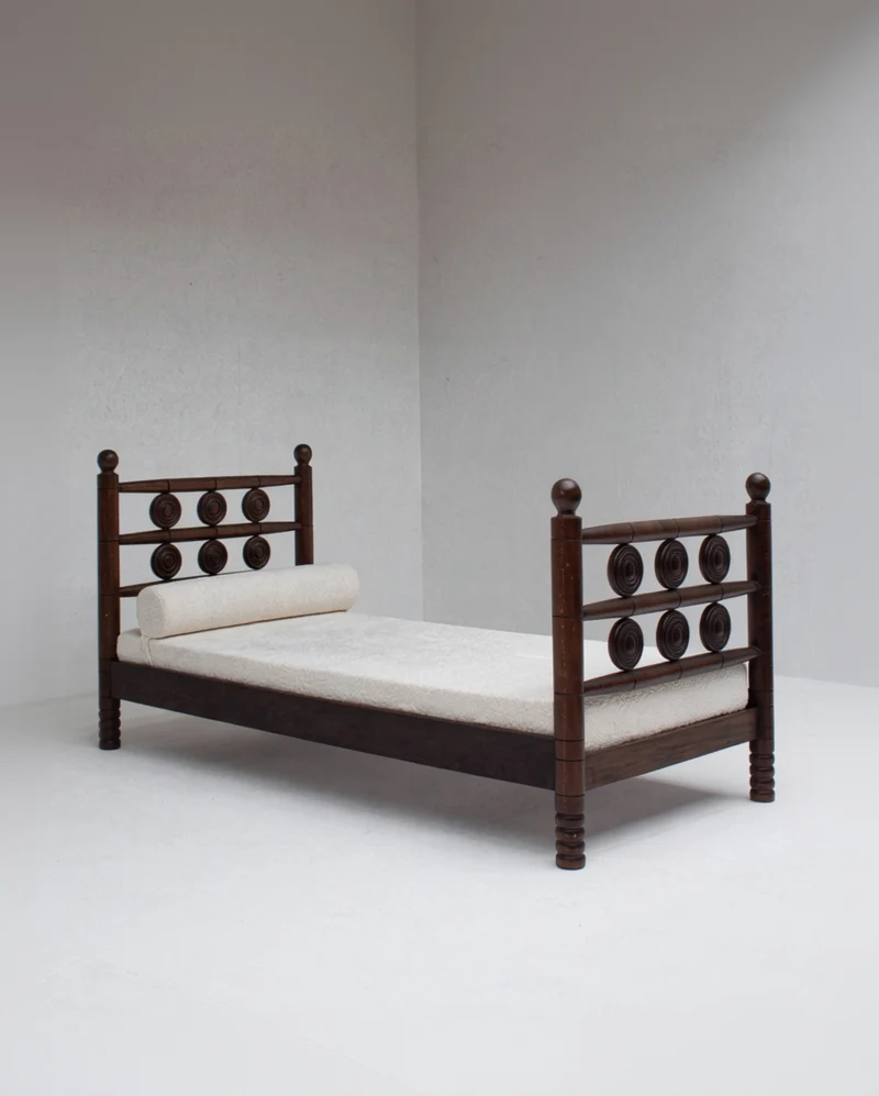 Mid-Century Wooden Bed with Sculptural Headboard