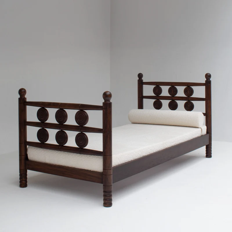 Mid-Century Wooden Bed with Sculptural Headboard