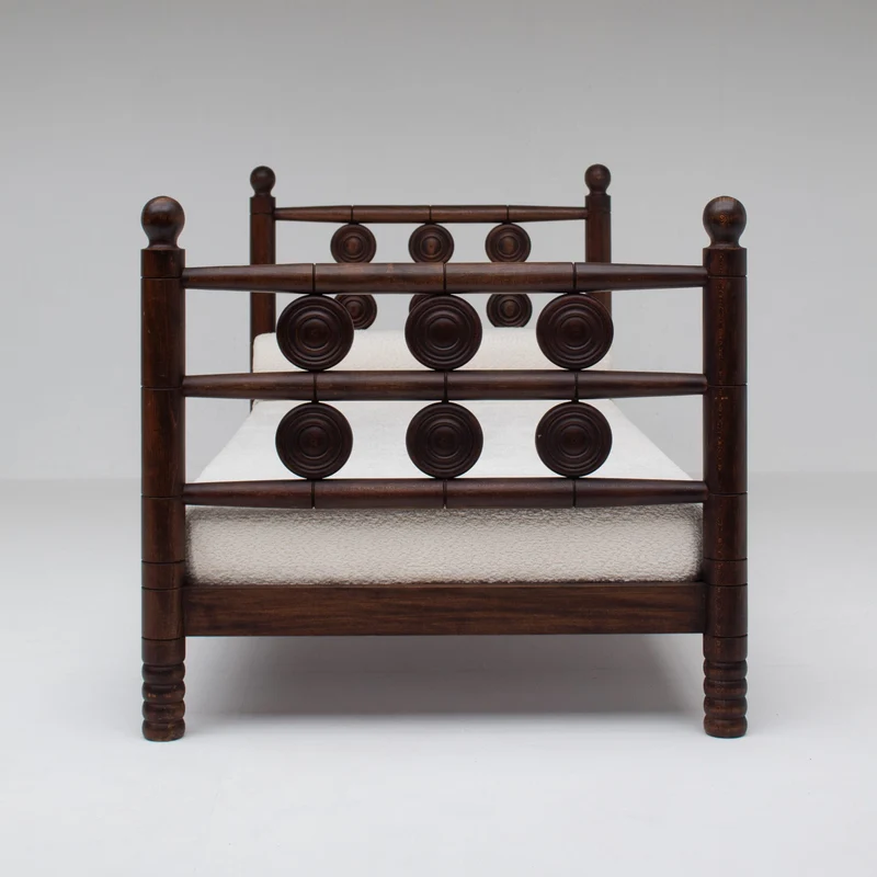 Mid-Century Wooden Bed with Sculptural Headboard
