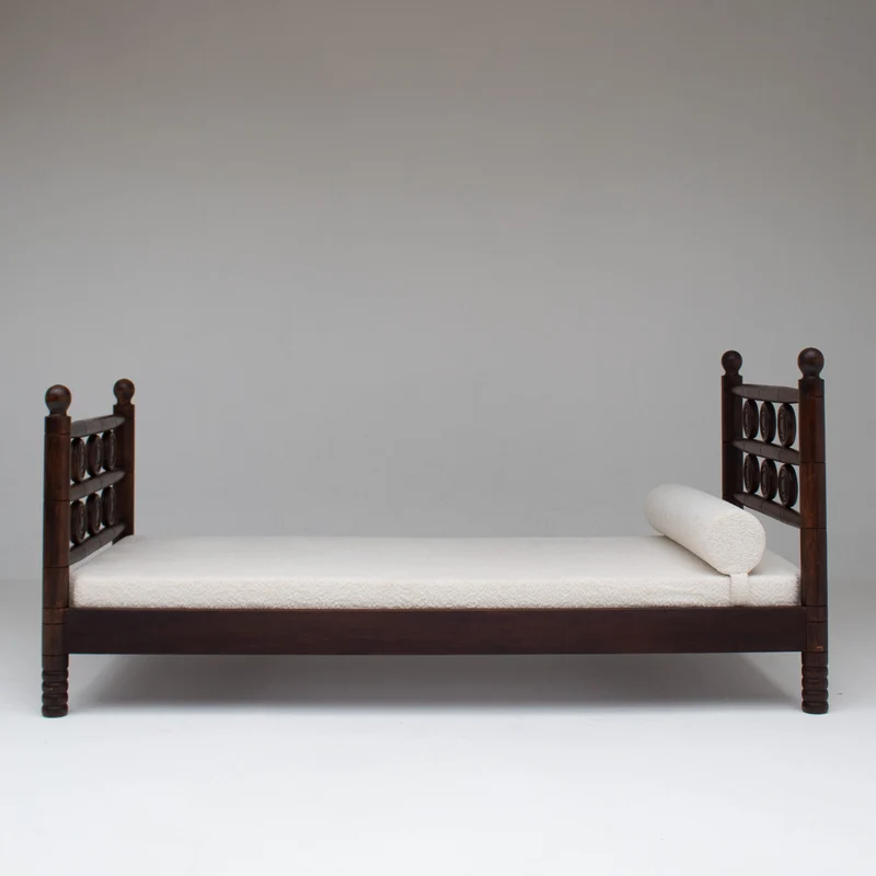 Mid-Century Wooden Bed with Sculptural Headboard