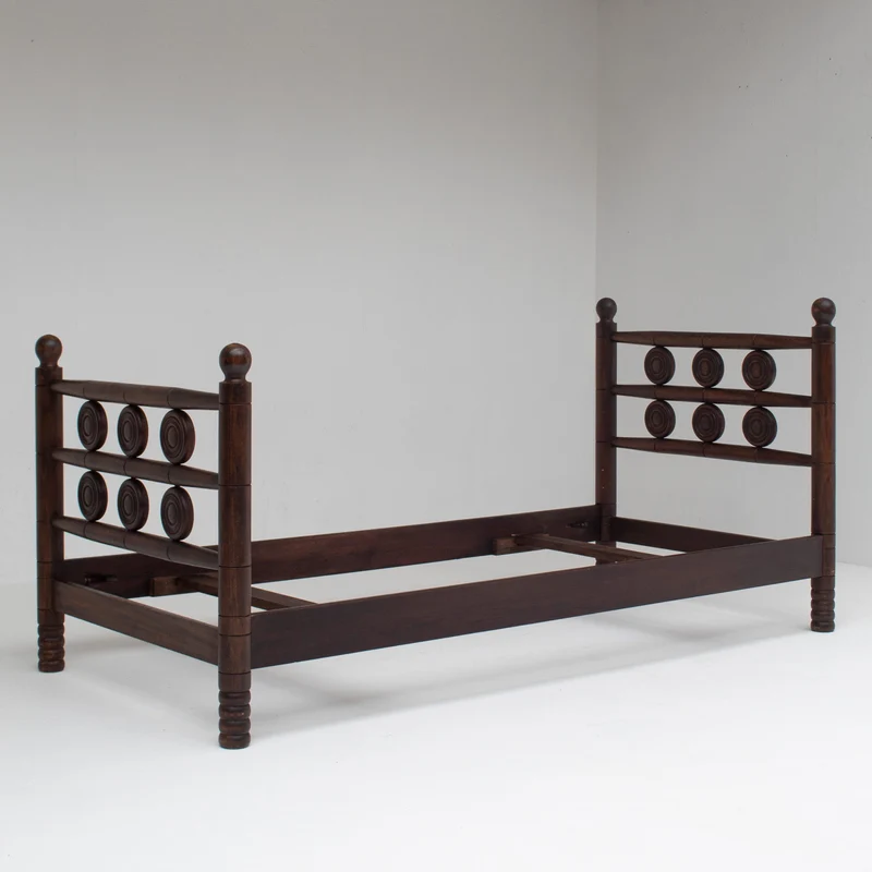 Mid-Century Wooden Bed with Sculptural Headboard