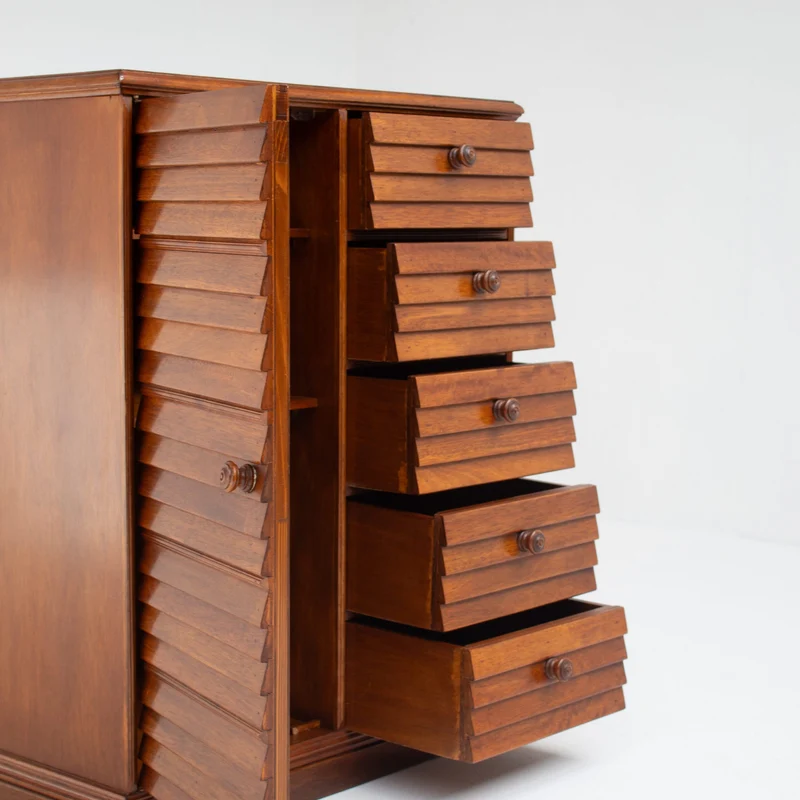 Mid Century Slatted Cabinet with Drawers and Storage