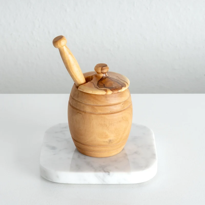 Pot à Miel avec Cuillère en Bois d’Olivier Fait Main