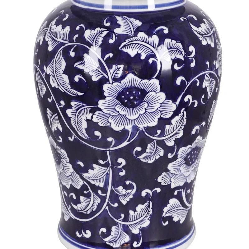 Potiche temple en porcelaine florale bleue et blanche
