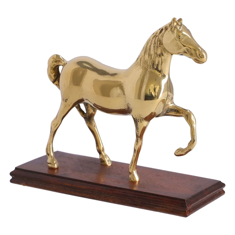 Sculpture cheval en laiton avec socle en bois