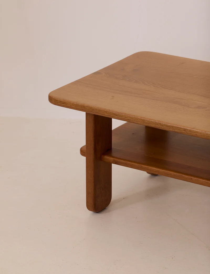 Solid elm coffee table by Alain Gaubert, vintage, France circa 1980