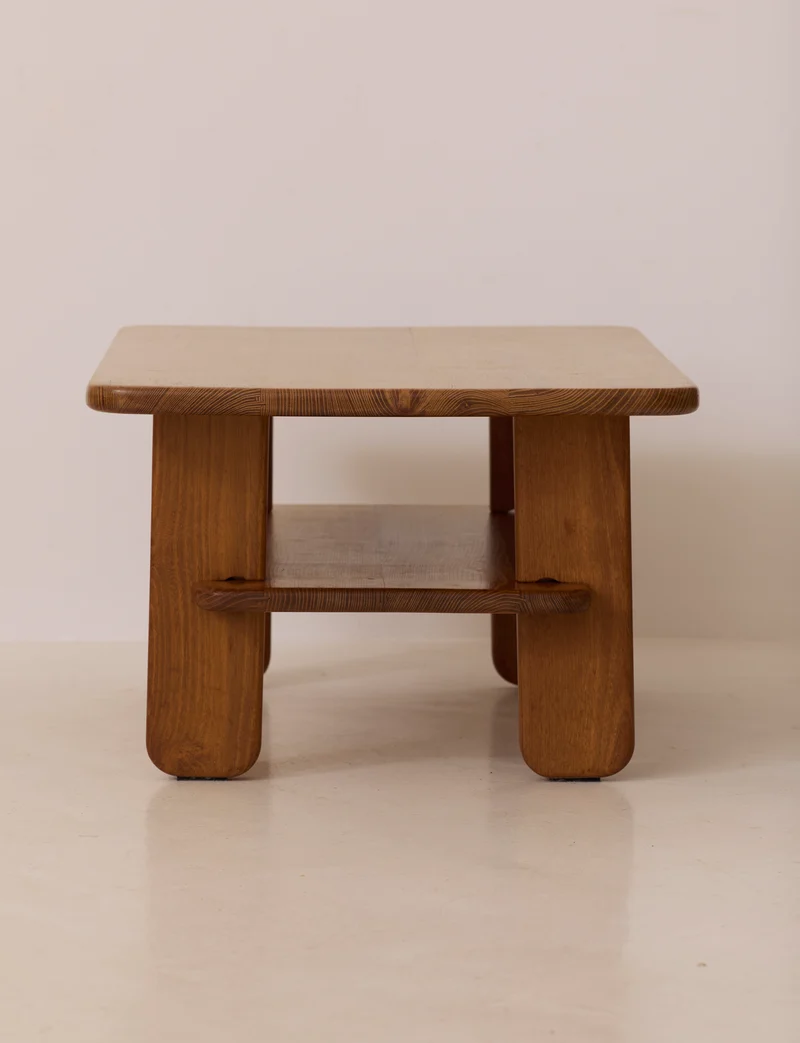 Solid elm coffee table by Alain Gaubert, vintage, France circa 1980
