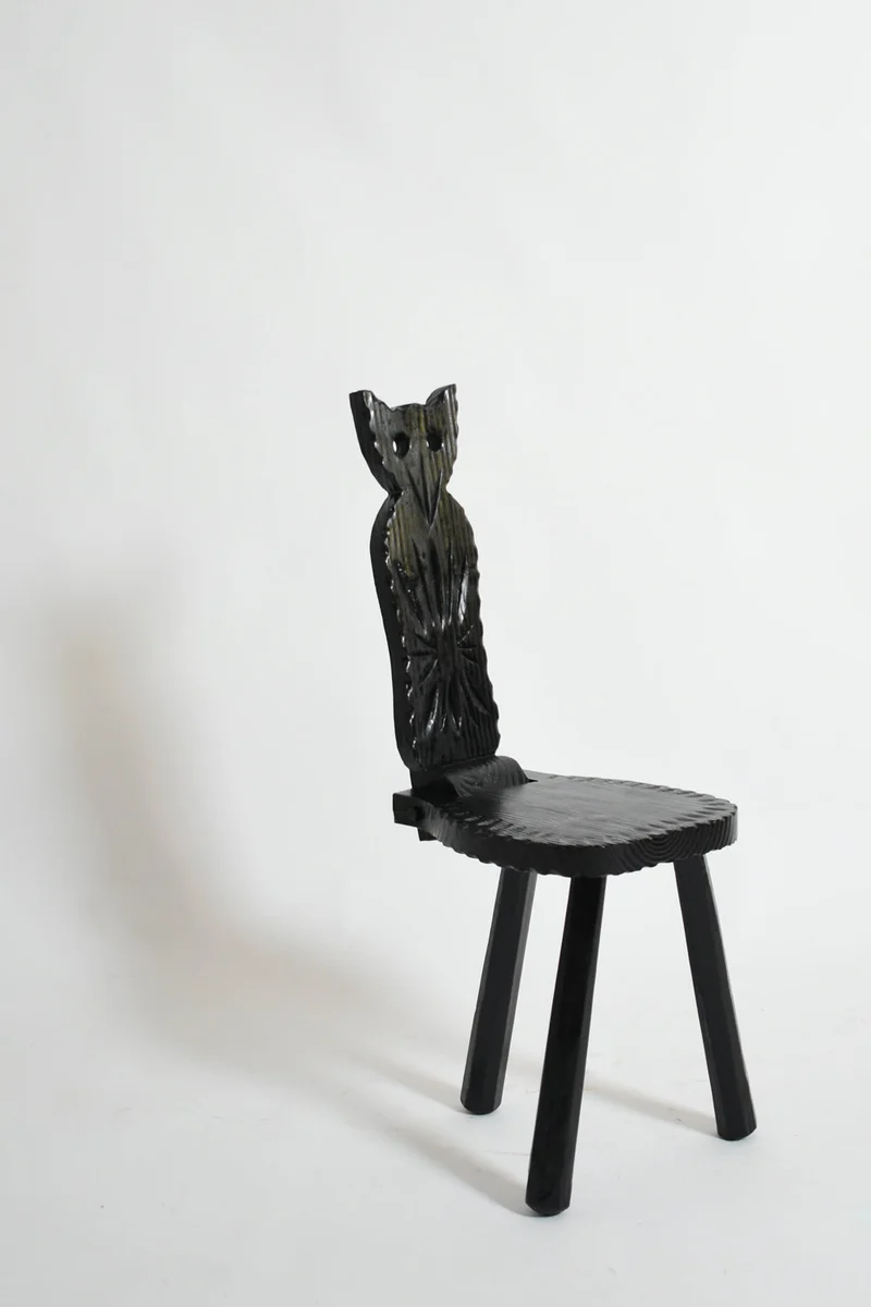 Pair of brutalist ebonised wood owl chairs, 1960s