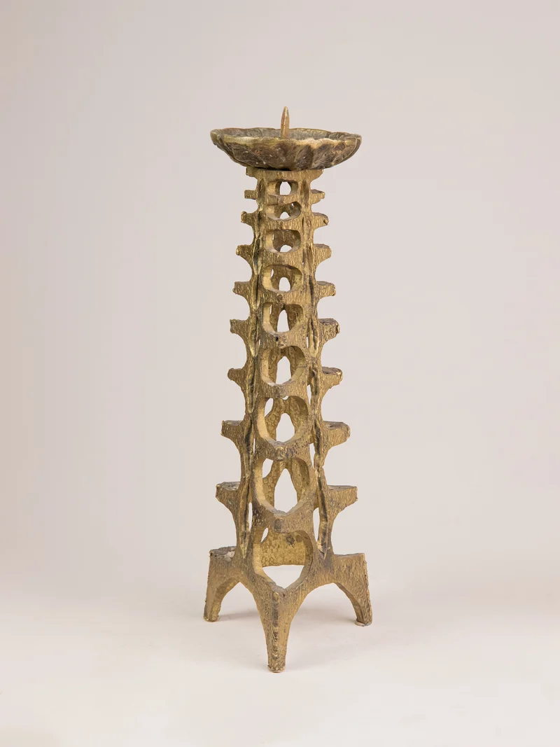 Tall Brutalist Bronze Floor Candleholder