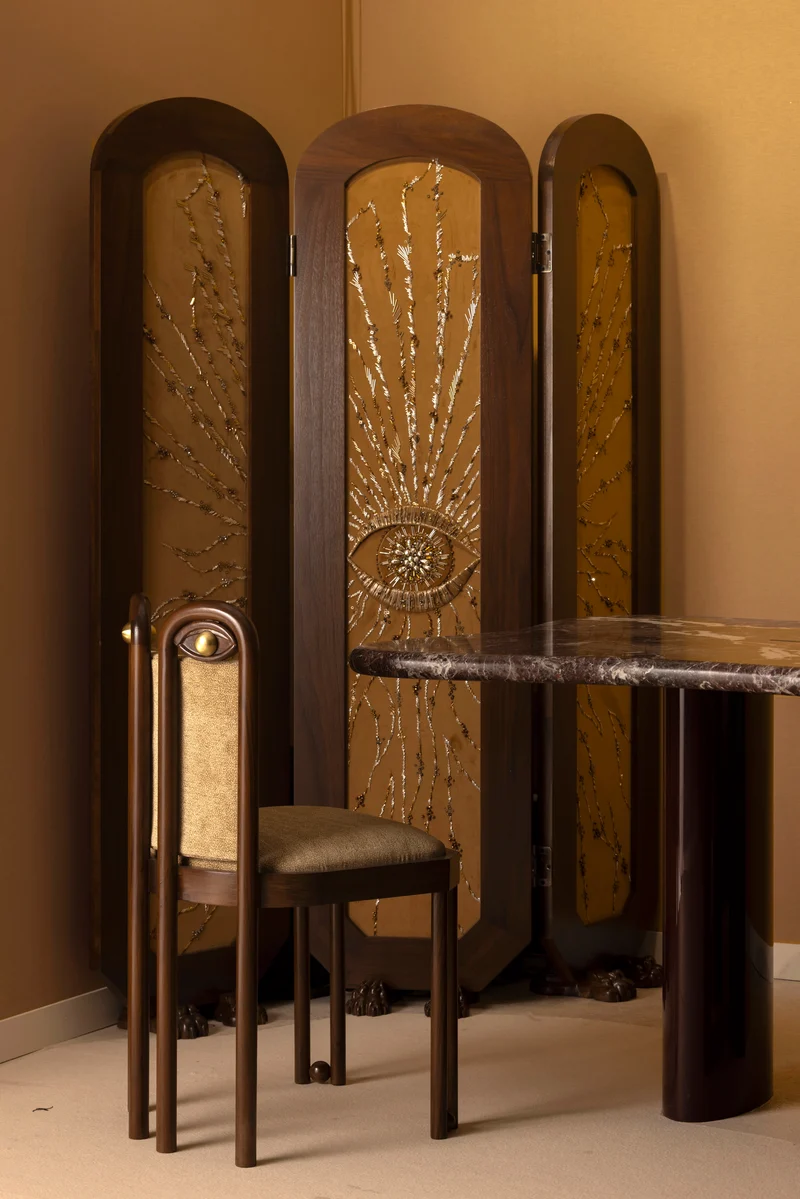 DĪDA Chair I – Solid Dark Walnut with Dedar Fabric Upholstery