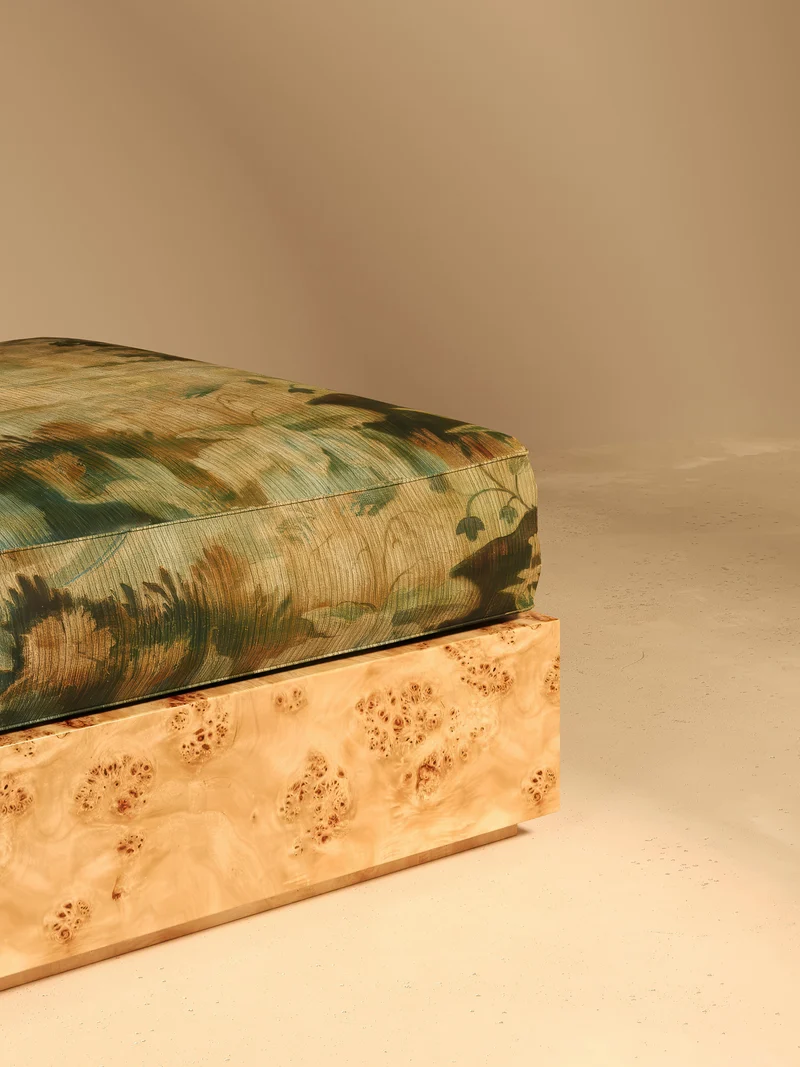 KAVA Collection II POUF – Maple Burl Finish, Pierre Frey Upholstery