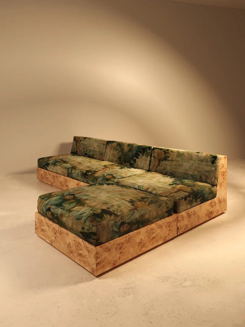 KAVA Collection II POUF – Maple Burl Finish, Pierre Frey Upholstery