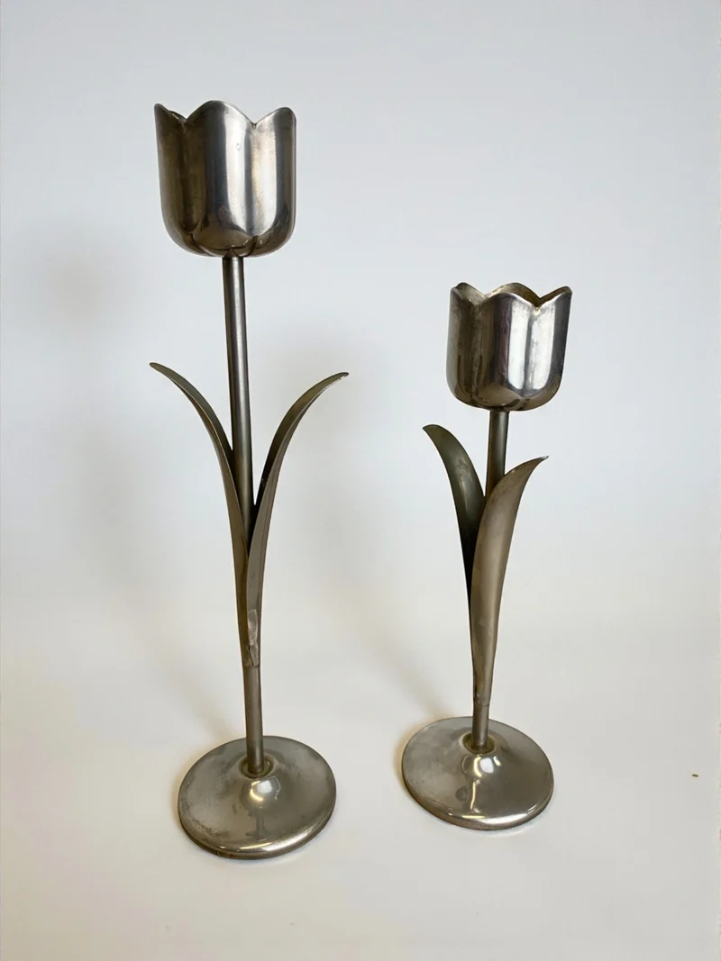 Pair of Chromed Tulip Candleholders, 1970's, Italy