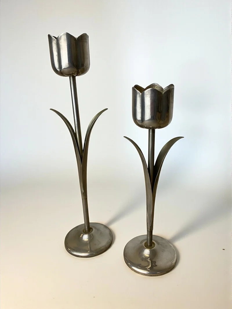 Pair of Chromed Tulip Candleholders, 1970's, Italy