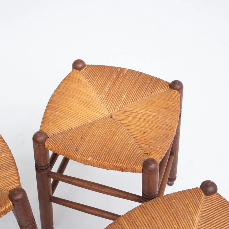 Set of 3 French Rattan Top Stools in Solid Wood