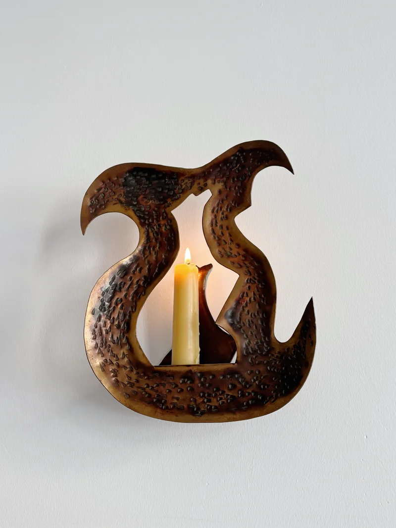 Pair of Torch Cut Metal Wall Candleholders, Poland