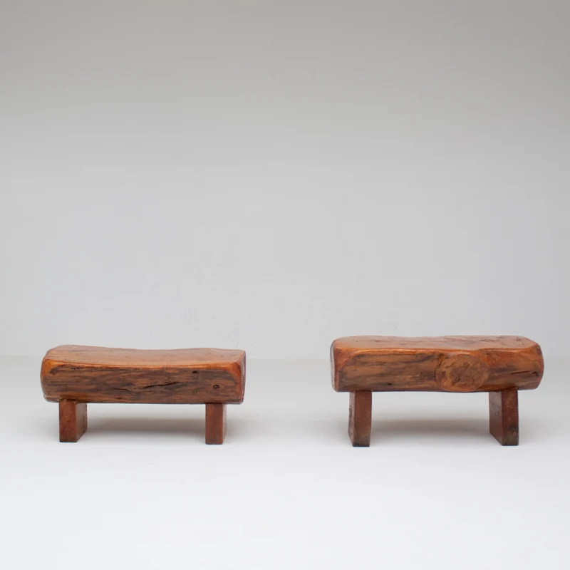 Pair of Rustic Wooden Sculptural Benches in Solid Wood