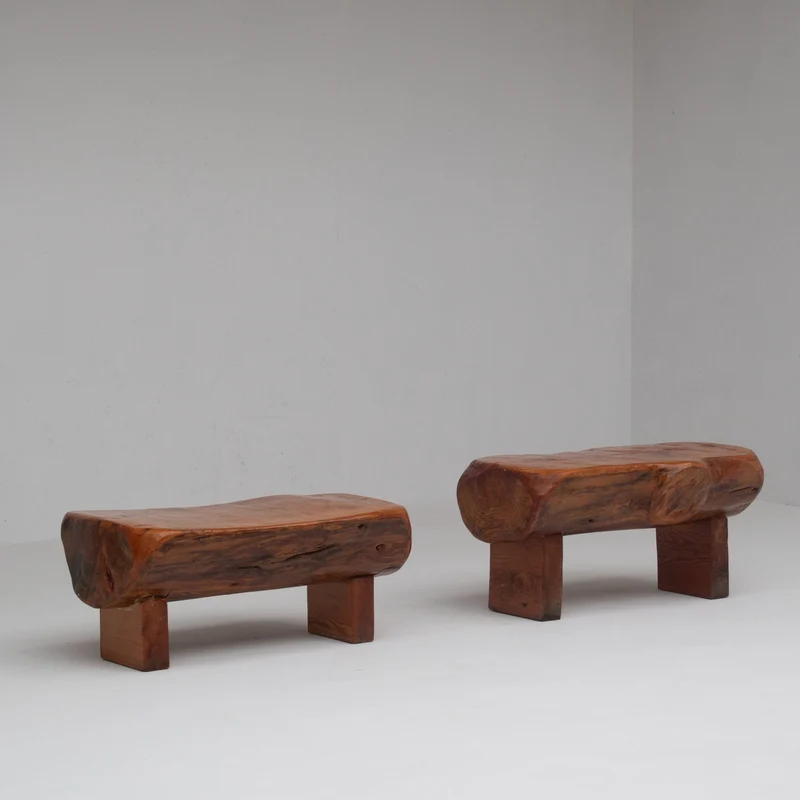 Pair of Rustic Wooden Sculptural Benches in Solid Wood