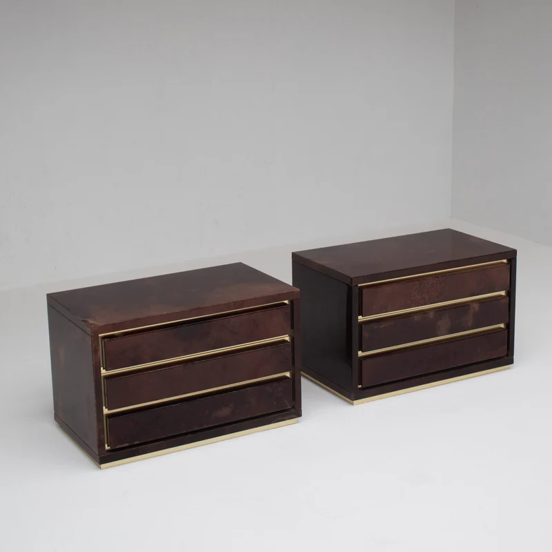 Pair of Aldo Tura (attr) Nightstands in Parchment and Brass