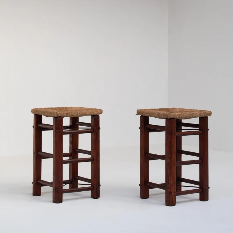 Pair of Rustic Wooden Stools with Woven Rush Seats