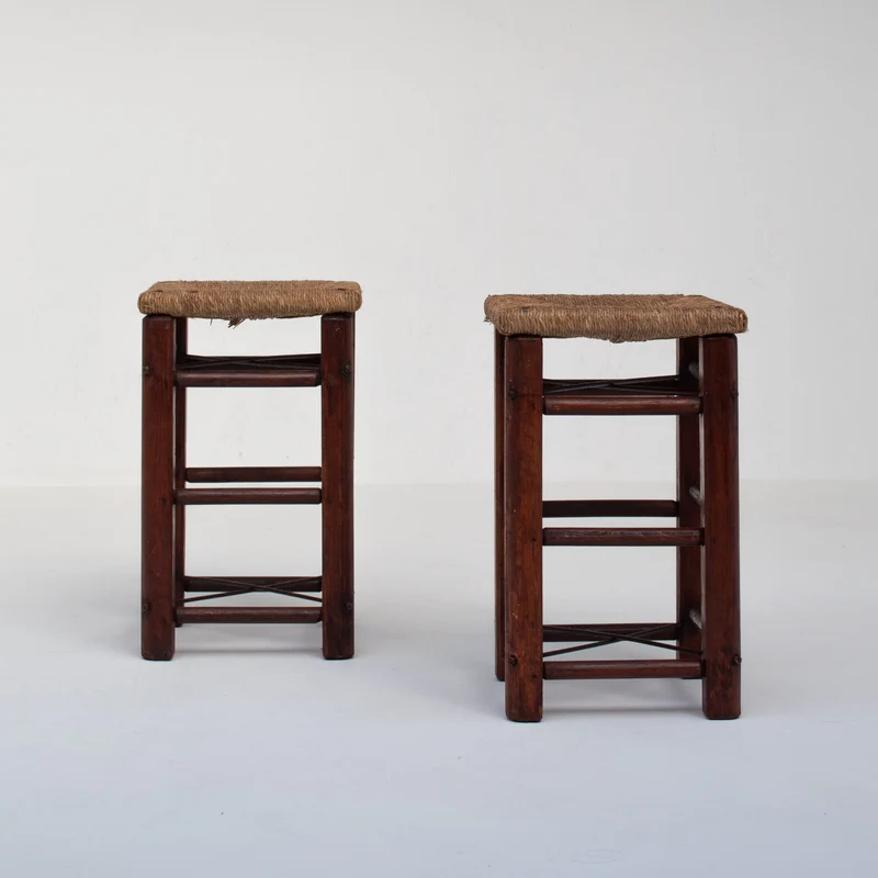 Pair of Rustic Wooden Stools with Woven Rush Seats