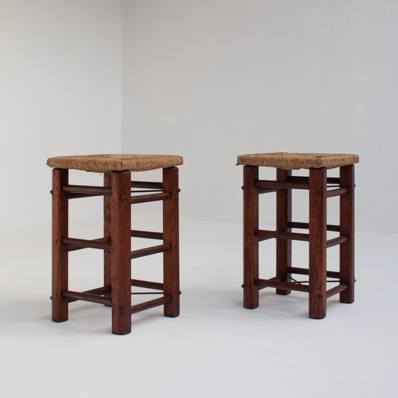 Pair of Rustic Wooden Stools with Woven Rush Seats