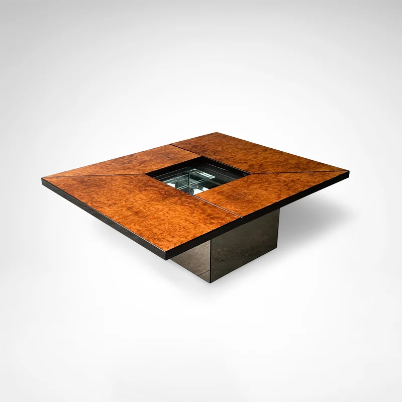 Burl wood coffee table with bar by Paul Michel for Roche Bobois 1980s