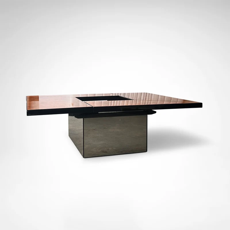 Burl wood coffee table with bar by Paul Michel for Roche Bobois 1980s