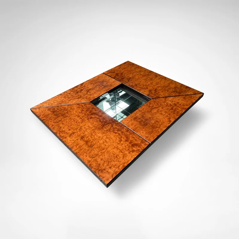 Burl wood coffee table with bar by Paul Michel for Roche Bobois 1980s