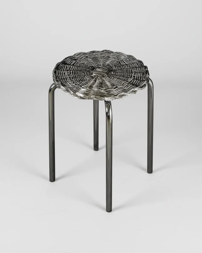 Woven Wicker Metal Plated Side Table in Chrome and Steel