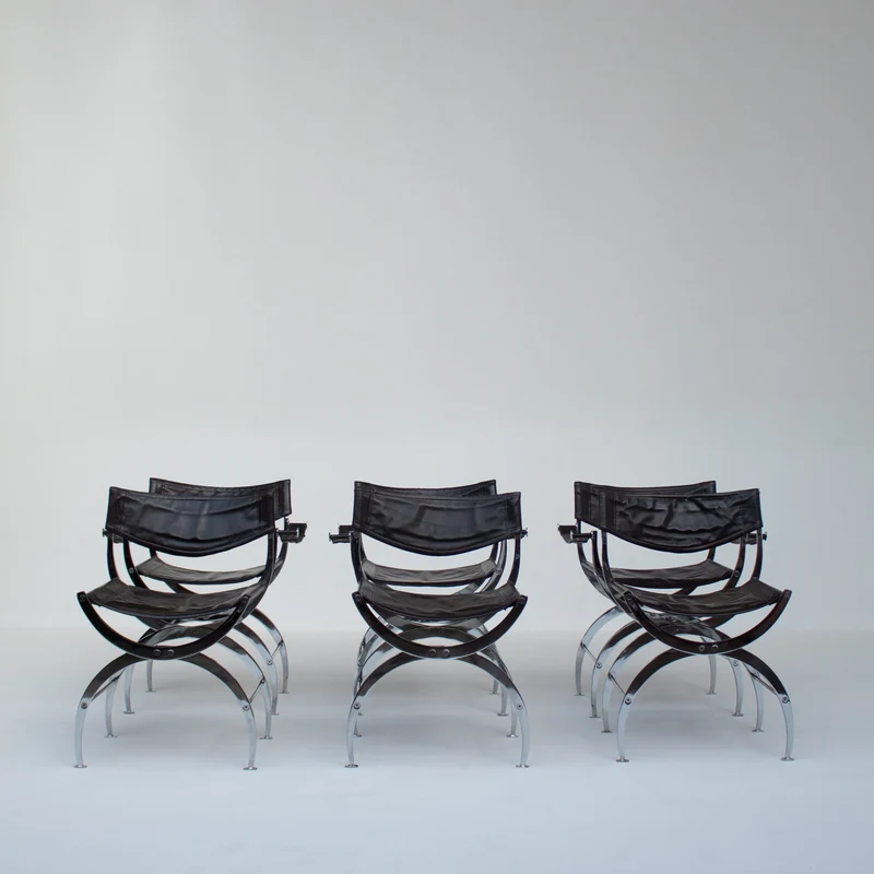 Set of 6 Italian Chrome Dining Chairs with Leather Seating