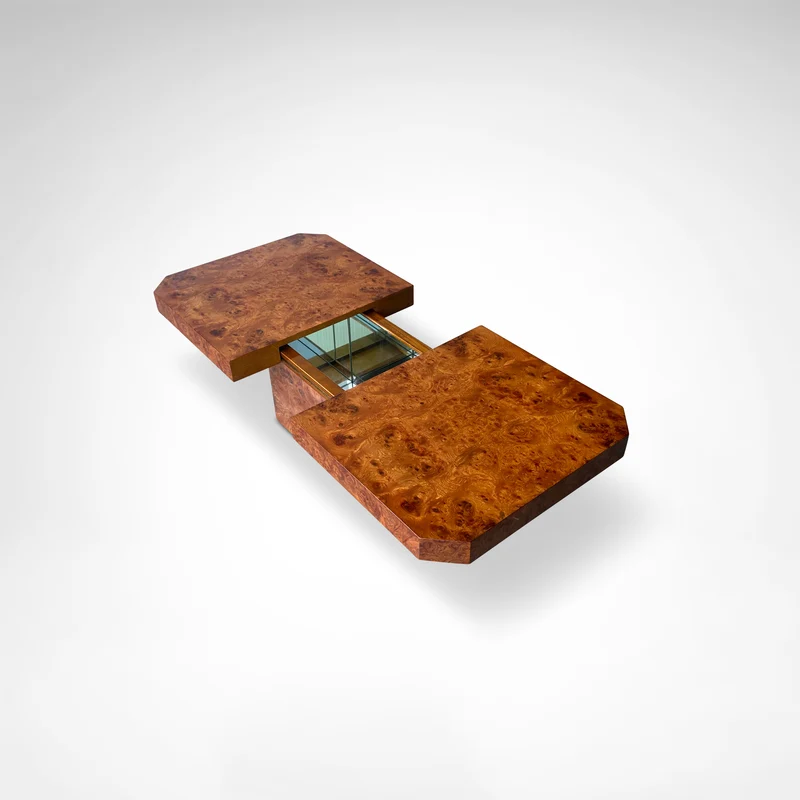 Burl wood coffee table with bar by Maison Lancel France 1980s