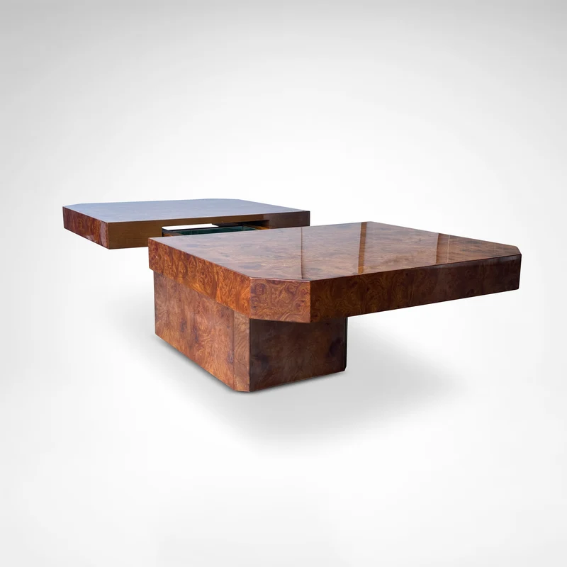 Burl wood coffee table with bar by Maison Lancel France 1980s