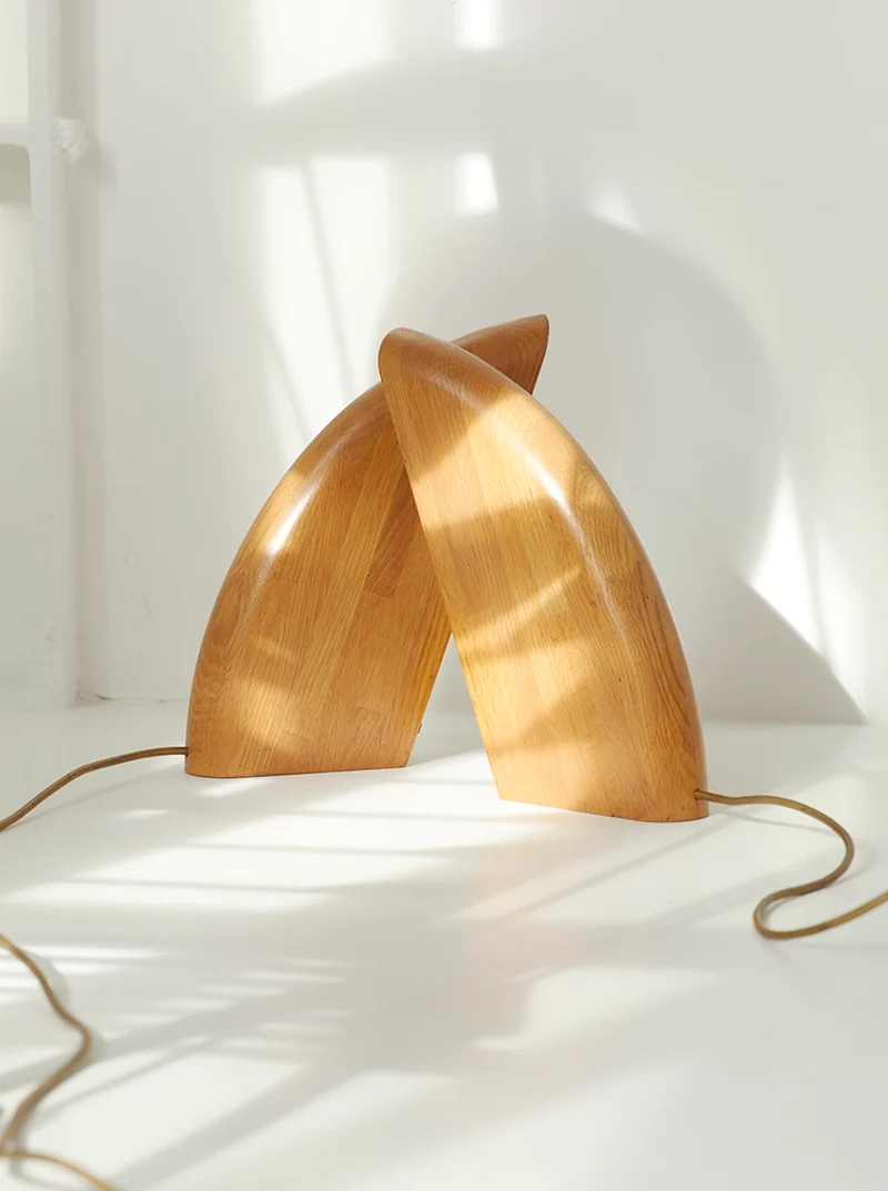 Set of 2 Vintage French Artisanal Table Lamps in Solid Oak Wood C. 1980, 1980s